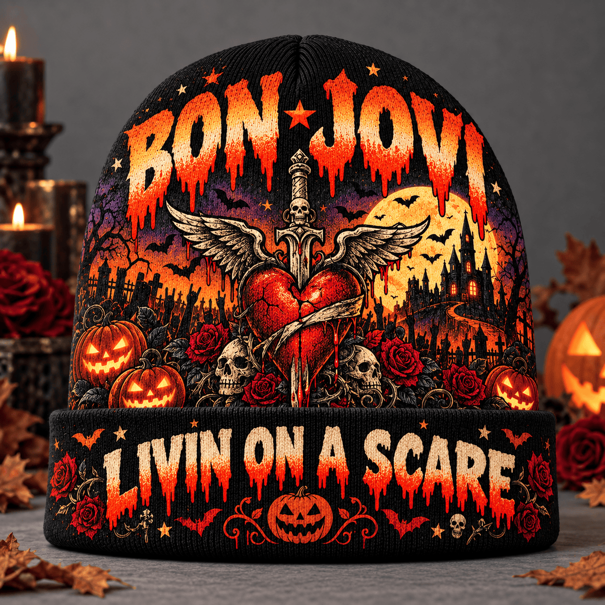 Bon Jovi Winged Dagger Heart Graphic Print Knit Beanie for Livin On A Scare Nights NDN Flat Mockup