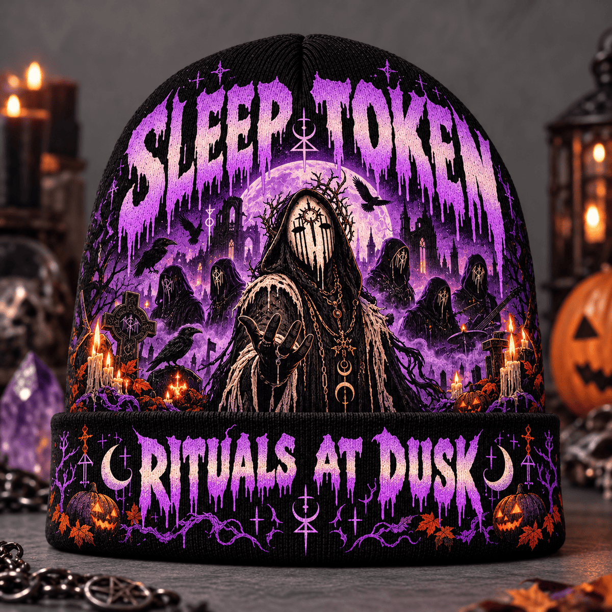 Sleep Token Hooded Figure Graphic Print Knit Beanie for Dusk Ritual Halloween Nights NDN Flat Mockup