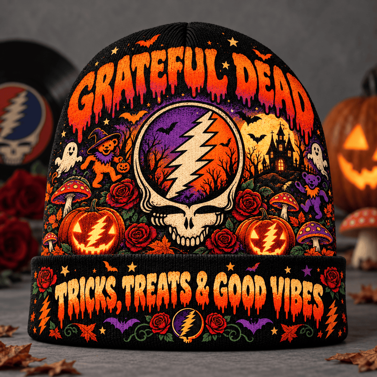 Grateful Dead Steal Your Face Graphic Print Knit Beanie for Halloween Good Vibes NDN Flat Mockup