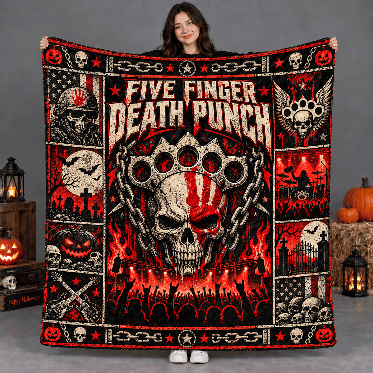 Five Finger Death Punch Skull And Brass Knuckles Fleece Blanket For Heavy Rock Nights NDN Person Holding Blanket