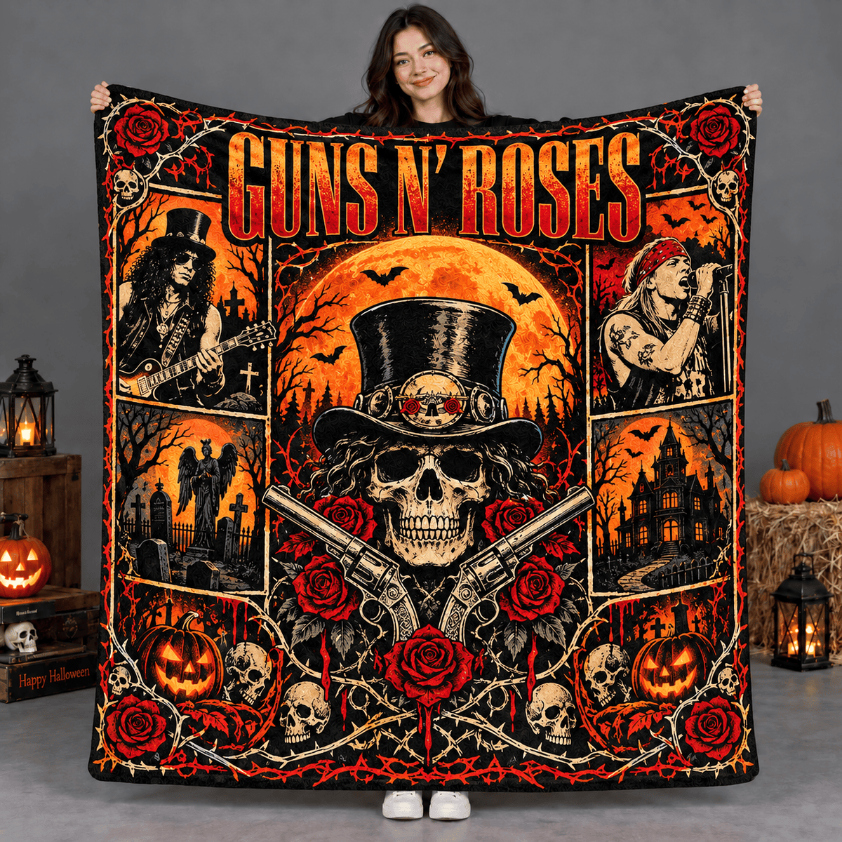 Guns N' Roses Top Hat Skull And Roses Fleece Blanket For Halloween Rock Nights NDN Person Holding Blanket