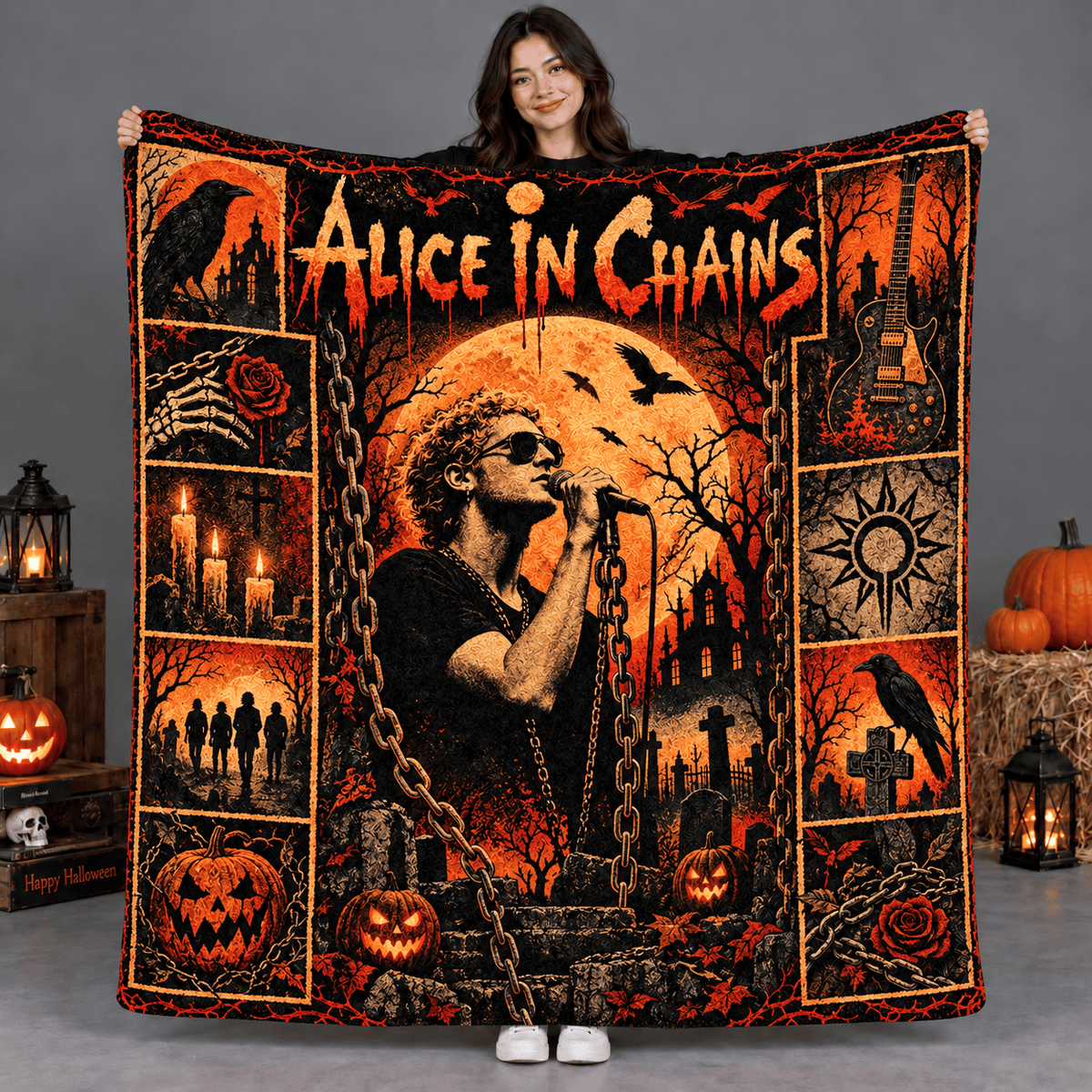 Alice In Chains Singer And Orange Moon Fleece Blanket For Dark Concert Nights NDN Person Holding Blanket