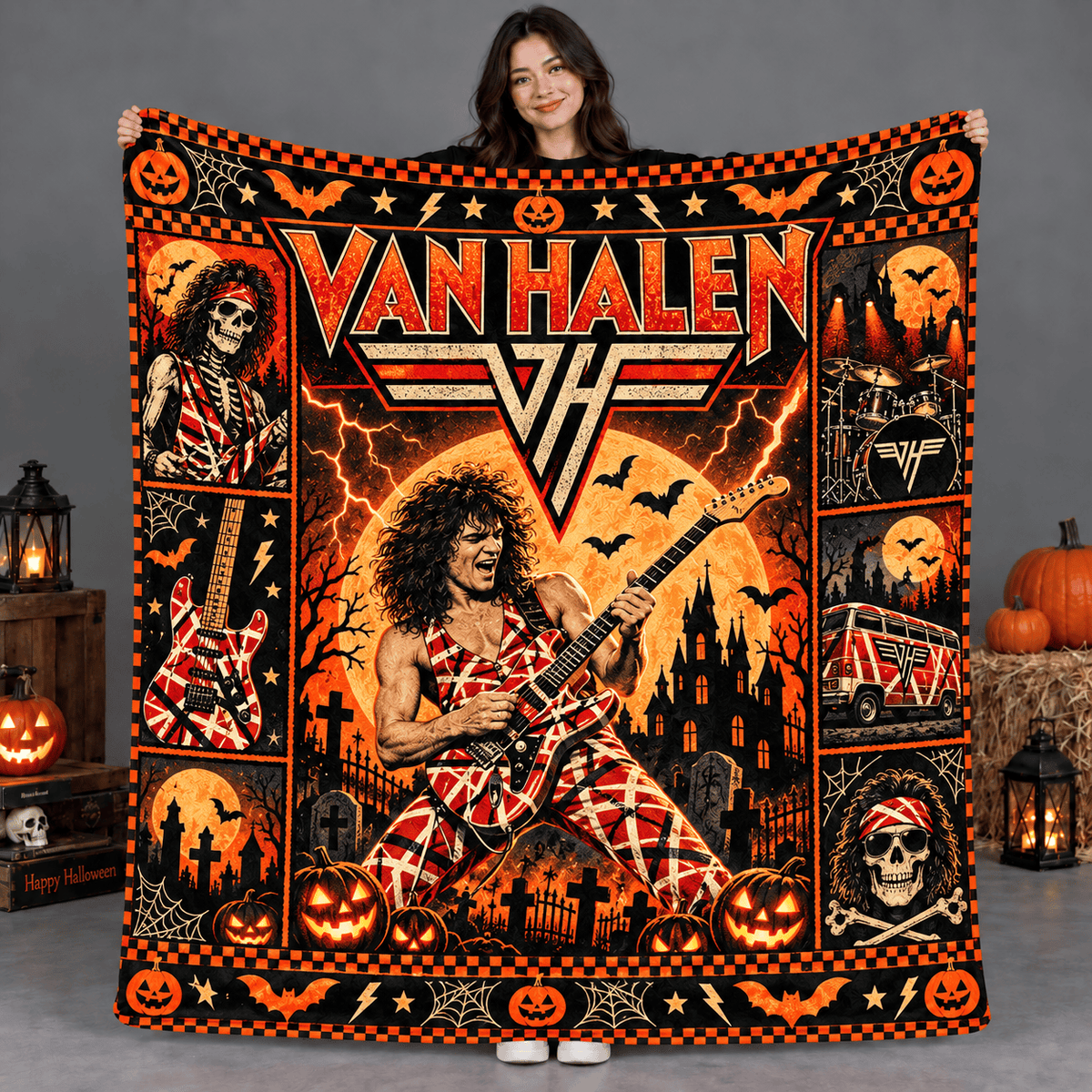 Van Halen Winged Logo And Guitarist Fleece Blanket For Loud Halloween Nights NDN Person Holding Blanket