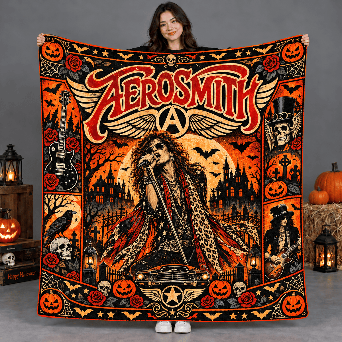 Aerosmith Winged Logo And Scarf Guitarist Fleece Blanket For Halloween Rock Nights NDN Person Holding Blanket