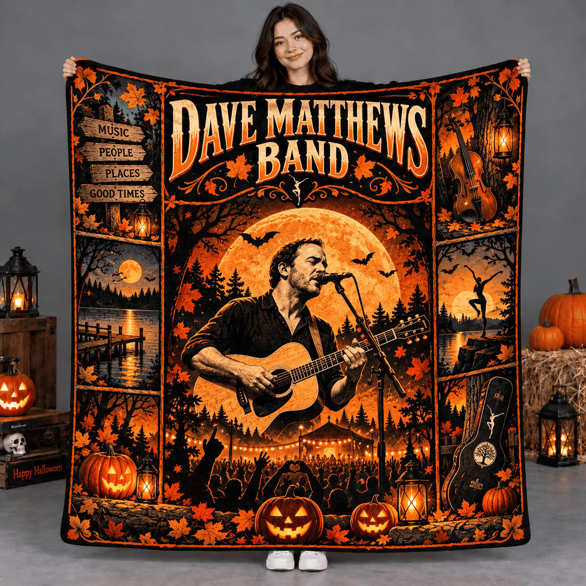 Dave Matthews Band Guitarist And Orange Moon Fleece Blanket For Autumn Concert Nights NDN Person Holding Blanket