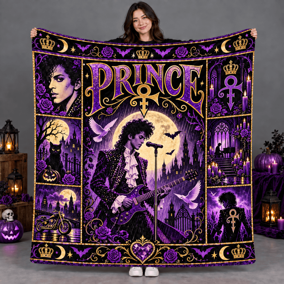 Prince Purple Crown And Moon Silhouette Fleece Blanket For Mystical Movie Nights NDN Person Holding Blanket