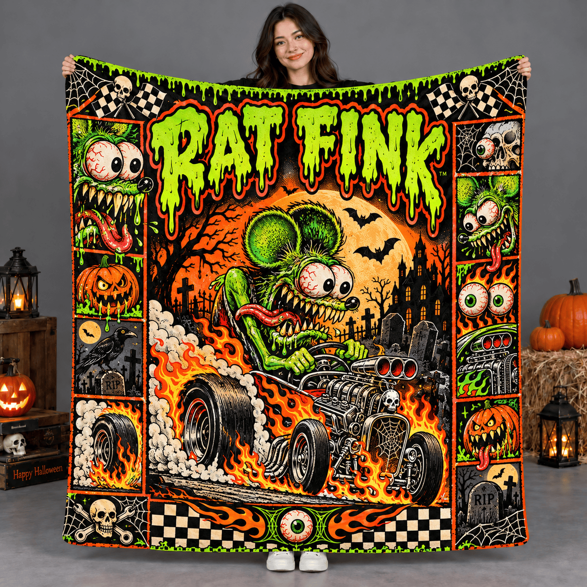 Rat Fink Green Hot Rod Monster Fleece Blanket For Wild Halloween Movie Nights NDN Person Holding Blanket
