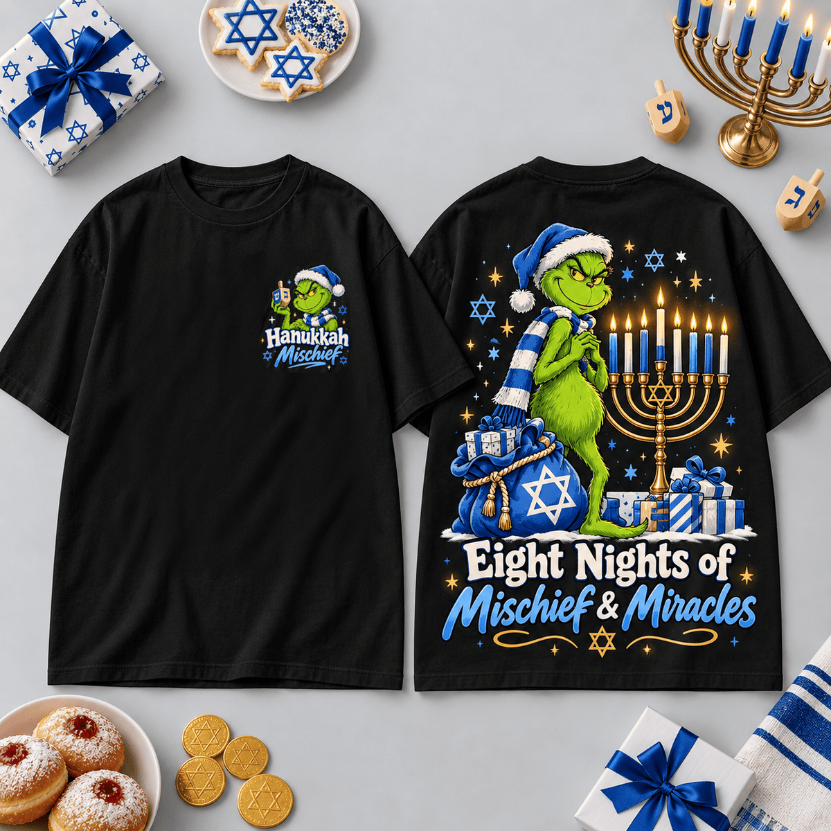 Grinch Eight Nights of Mischief and Miracles Hanukkah 3D Shirt for Playful Holiday Fans NDN Flat Shirt Mockup