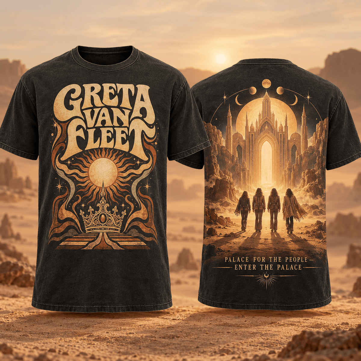 Greta Van Fleet Golden Sun Palace 3D Shirt for Dreamers Entering the Desert Temple NDN Flat Shirt Mockup