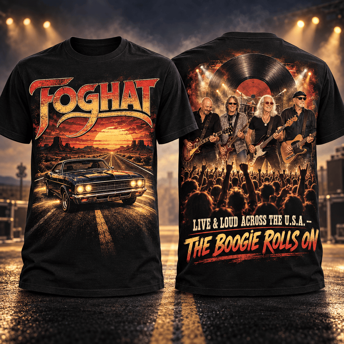 Foghat Boogie Rolls On Fiery Road 3D Shirt for Fans Keeping Classic Rock Alive and Loud NDN Flat Shirt Mockup
