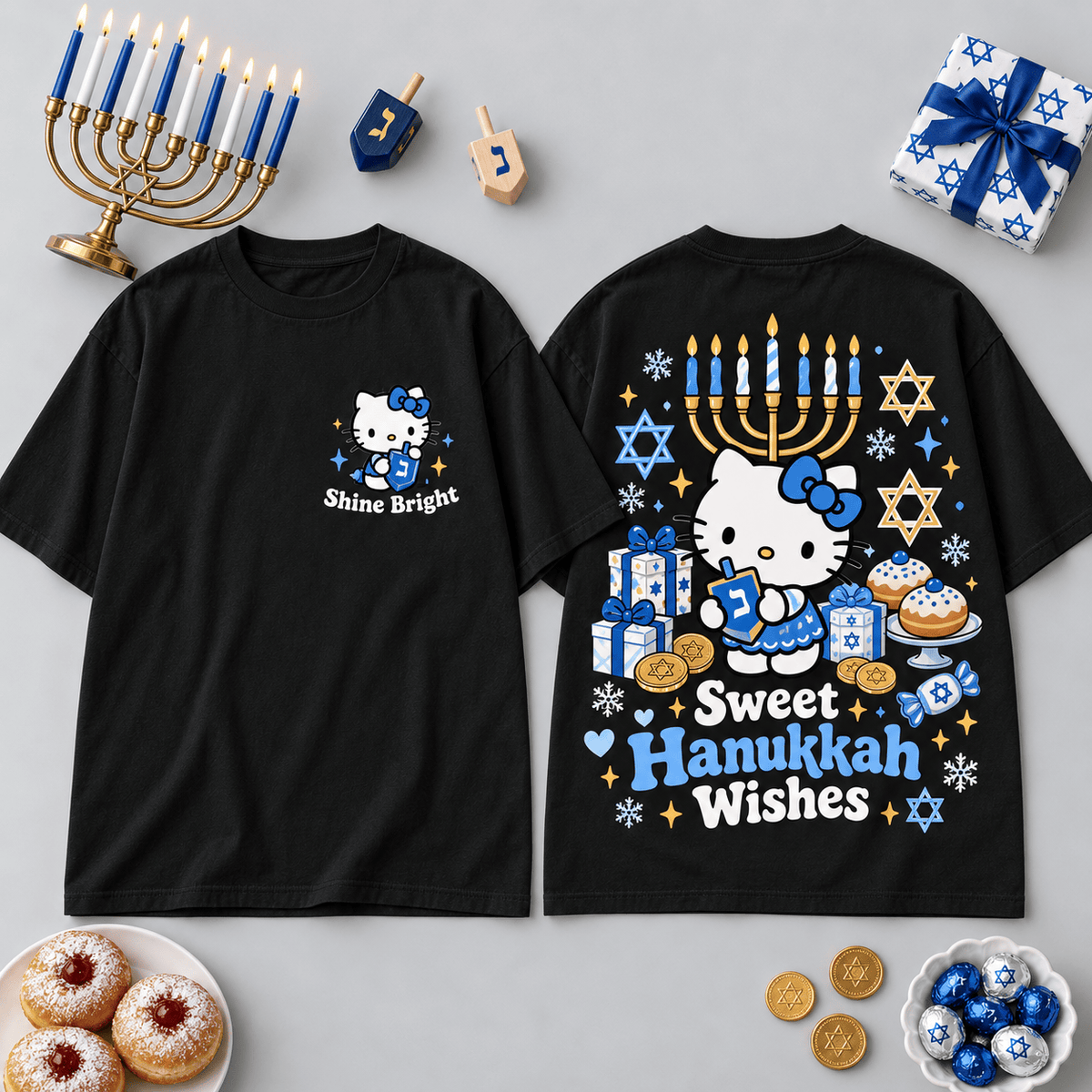 Hello Kitty Hanukkah Wishes Blue Menorah 3D Shirt for Fans Sharing Eight Nights of Joy NDN Flat Shirt Mockup