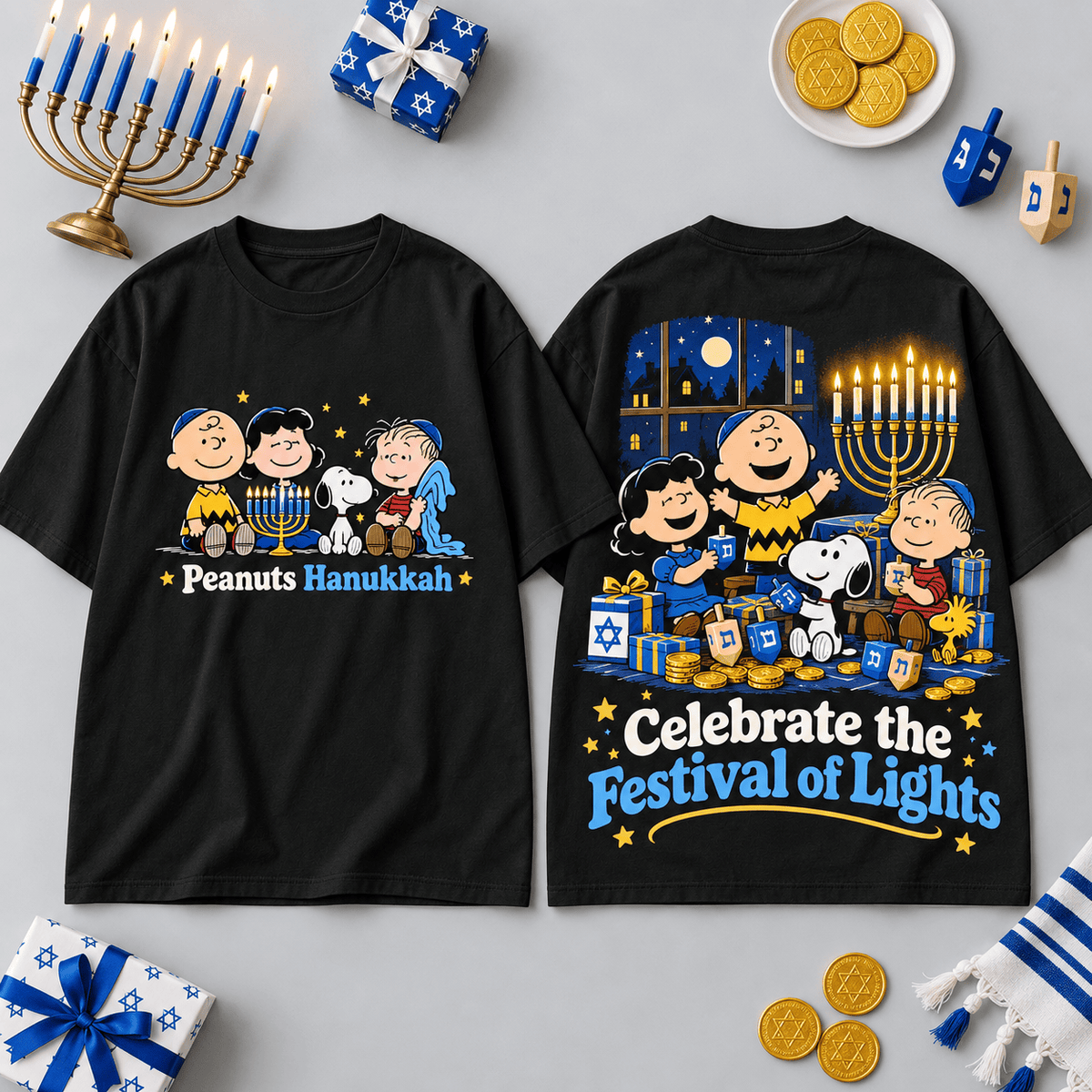 Peanuts Festival of Lights Menorah 3D Shirt for Fans Celebrating Hanukkah with Snoopy NDN Flat Shirt Mockup