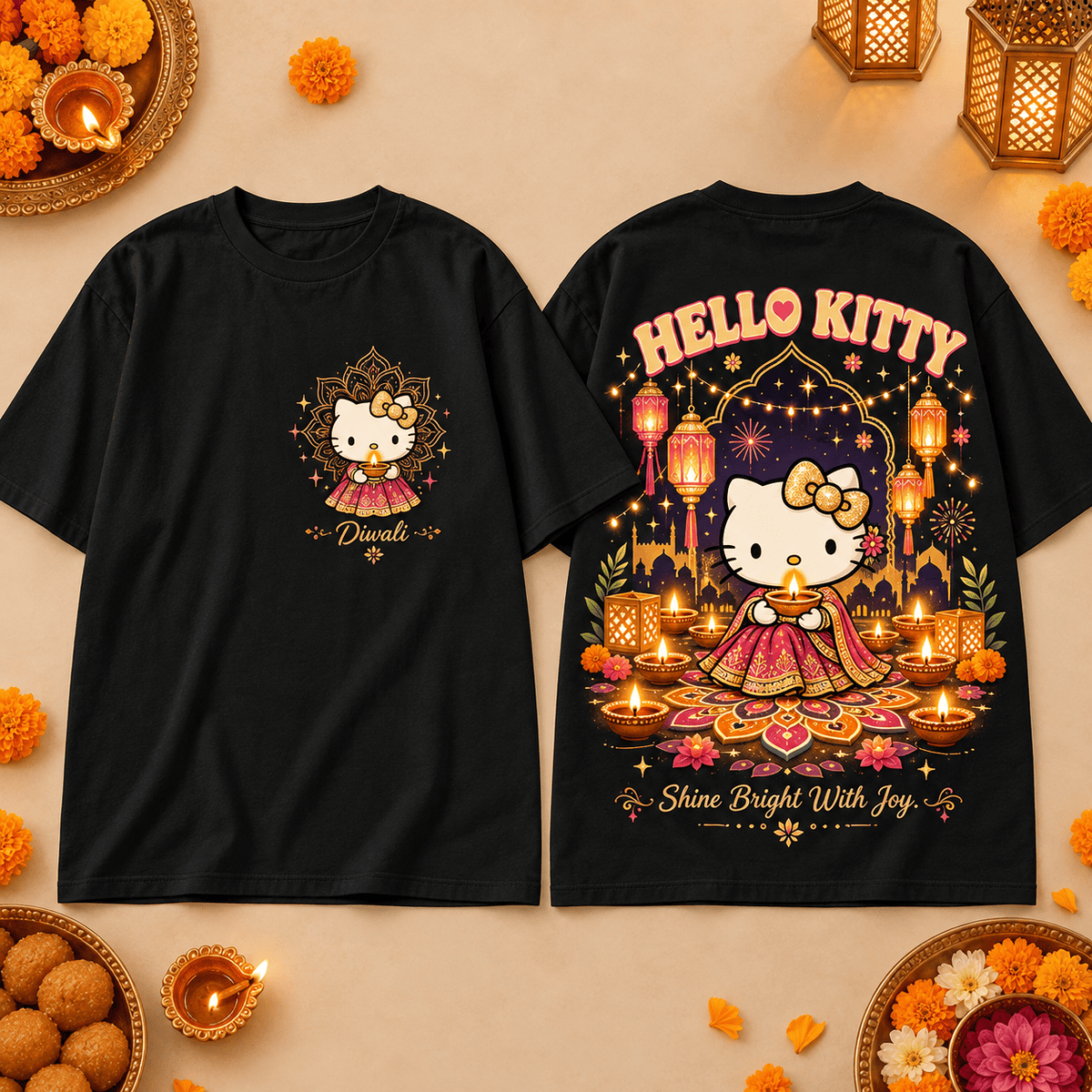 Hello Kitty Diwali Lantern 3D Shirt for Fans Who Shine Bright Through Every Celebration NDN Flat Shirt Mockup