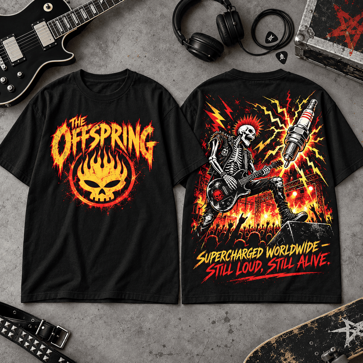 The Offspring Supercharged Skeleton Guitar 3D Shirt for Punk Fans Ready to Turn It Up NDN Flat Shirt Mockup