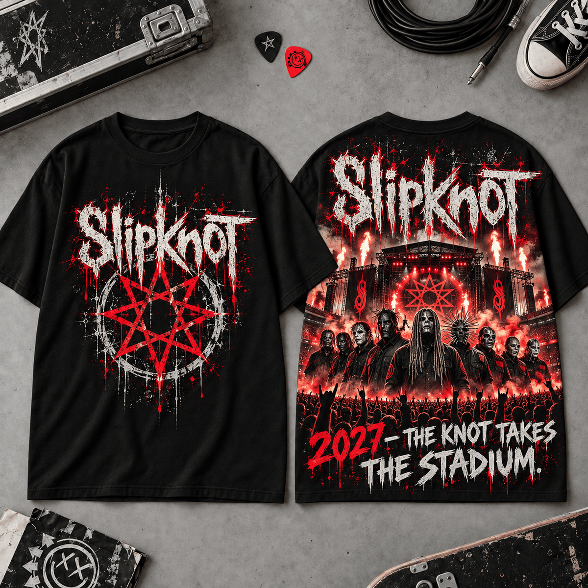 Slipknot The Knot Takes the Stadium 2027 3D Shirt for Fans of Relentless Metal NDN Flat Shirt Mockup