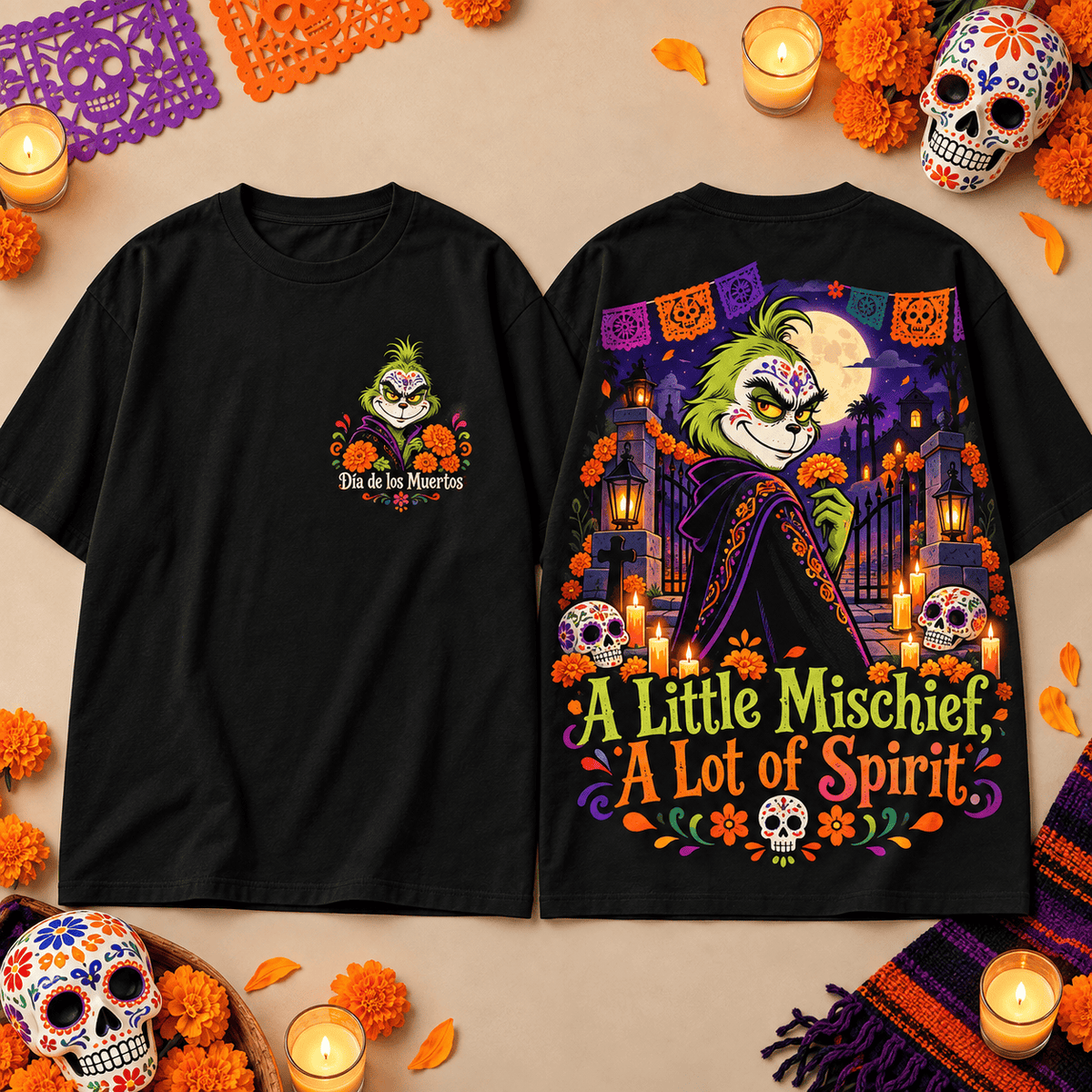 Grinch A Little Mischief A Lot of Spirit 3D Shirt for Playful Holiday Fans NDN Flat Shirt Mockup