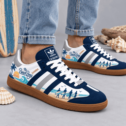 Beach Boys Navy Coastal Beach Palms And Surfer Scene Adidas Samba OG Graphic Shoes NDN Shoes Worn Mockup