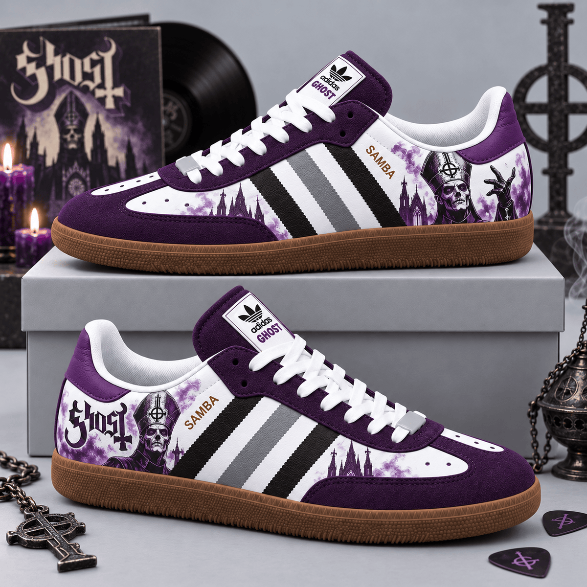 Ghost Mysterious Purple Band Portrait And Signature Wordmark Adidas Samba OG Graphic Shoes NDN Shoes Product Mockup