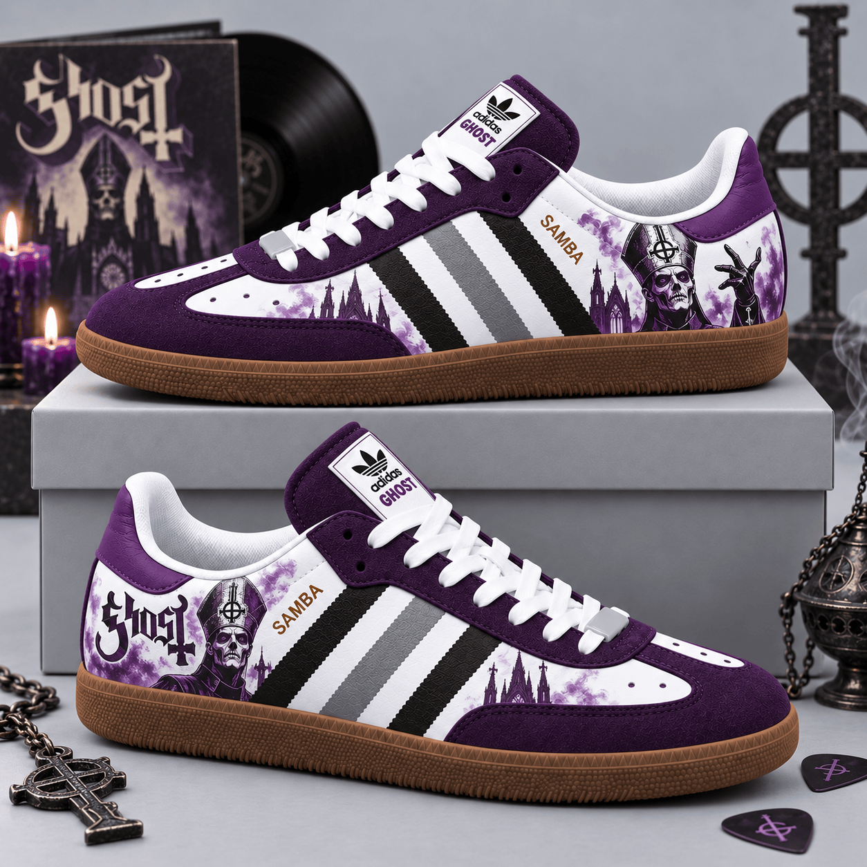 Ghost Mysterious Purple Band Portrait And Signature Wordmark Adidas Samba OG Graphic Shoes NDN Shoes Product Mockup