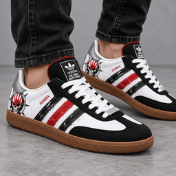 Five Finger Death Punch Black Red Fist And Skull Adidas Samba OG Graphic Shoes NDN Shoes Worn Mockup