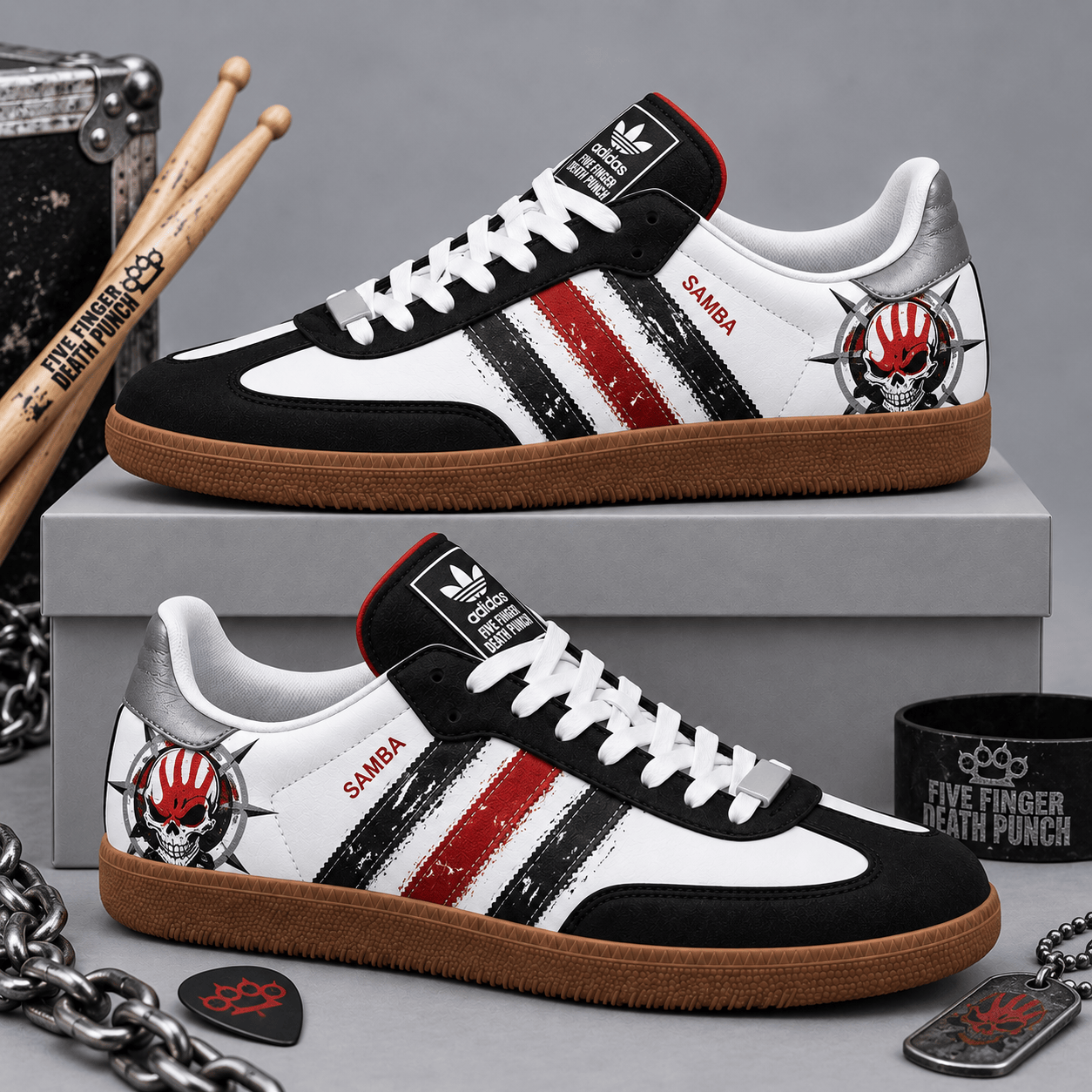 Five Finger Death Punch Black Red Fist And Skull Adidas Samba OG Graphic Shoes NDN Shoes Product Mockup
