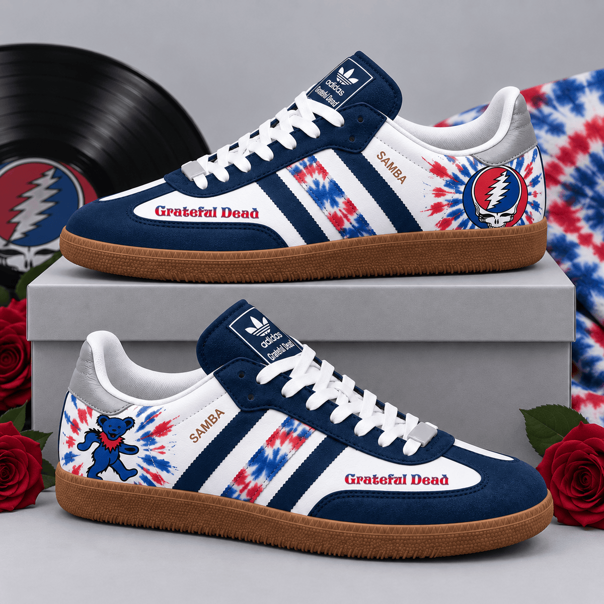 Grateful Dead Red Blue Dancing Bears And Tie Dye Adidas Samba OG Graphic Shoes NDN Shoes Product Mockup