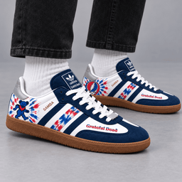 Grateful Dead Red Blue Dancing Bears And Tie Dye Adidas Samba OG Graphic Shoes NDN Shoes Worn Mockup