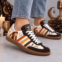 Stevie Nicks Brown Cream Moon Stars Birds And Portrait Adidas Samba OG Graphic Shoes NDN Shoes Worn Mockup