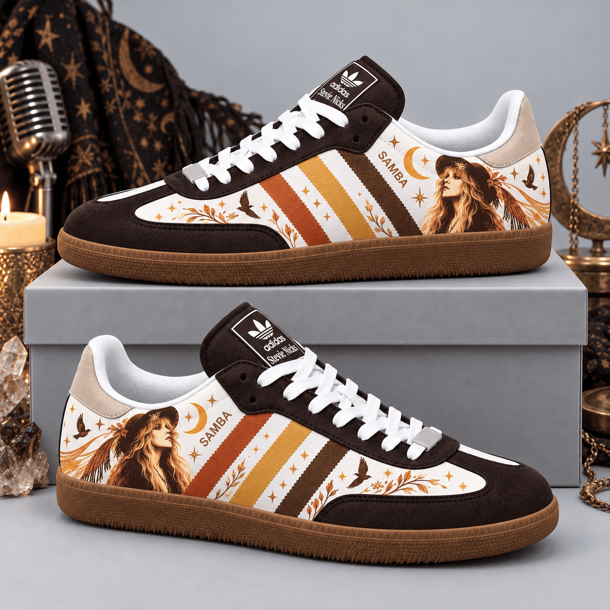 Stevie Nicks Brown Cream Moon Stars Birds And Portrait Adidas Samba OG Graphic Shoes NDN Shoes Product Mockup