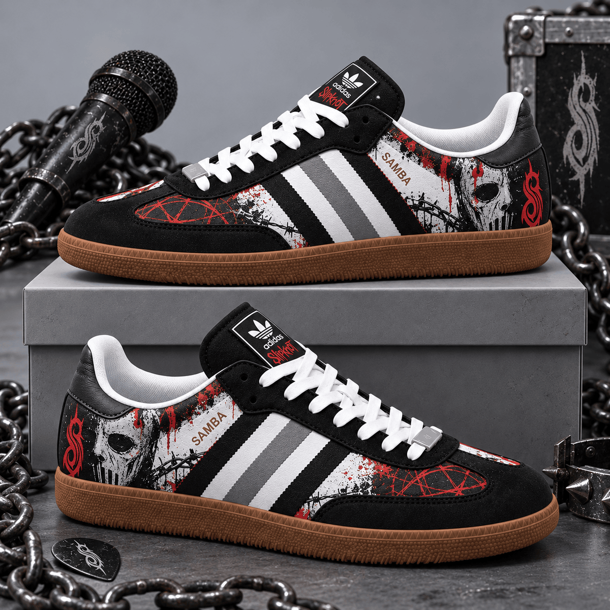 Slipknot Haunting Black Dark Red Masks And Nonagram Adidas Samba OG Graphic Shoes NDN Shoes Product Mockup