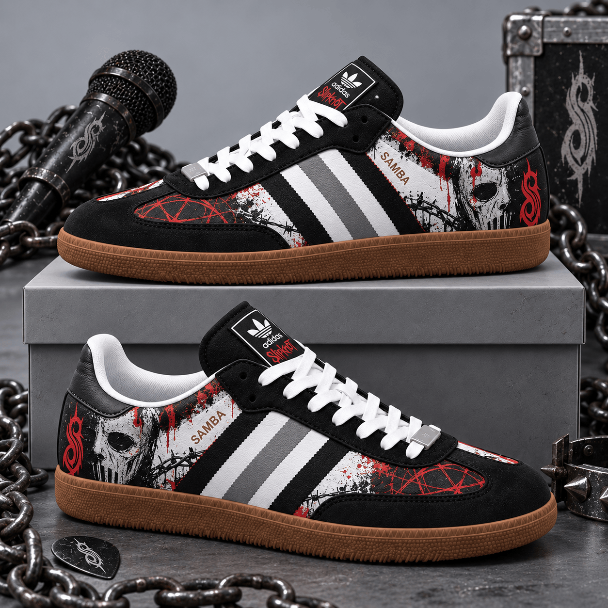 Slipknot Haunting Black Dark Red Masks And Nonagram Adidas Samba OG Graphic Shoes NDN Shoes Product Mockup