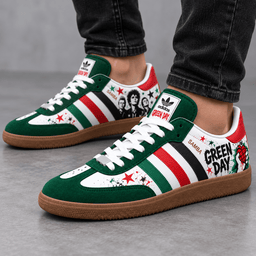 Green Day Green Red Stars And Rebel Silhouettes Adidas Samba OG Graphic Shoes NDN Shoes Worn Mockup