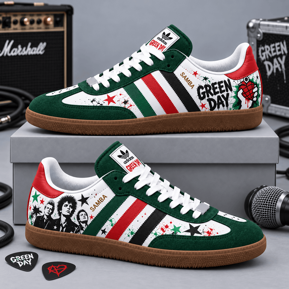 Green Day Green Red Stars And Rebel Silhouettes Adidas Samba OG Graphic Shoes NDN Shoes Product Mockup