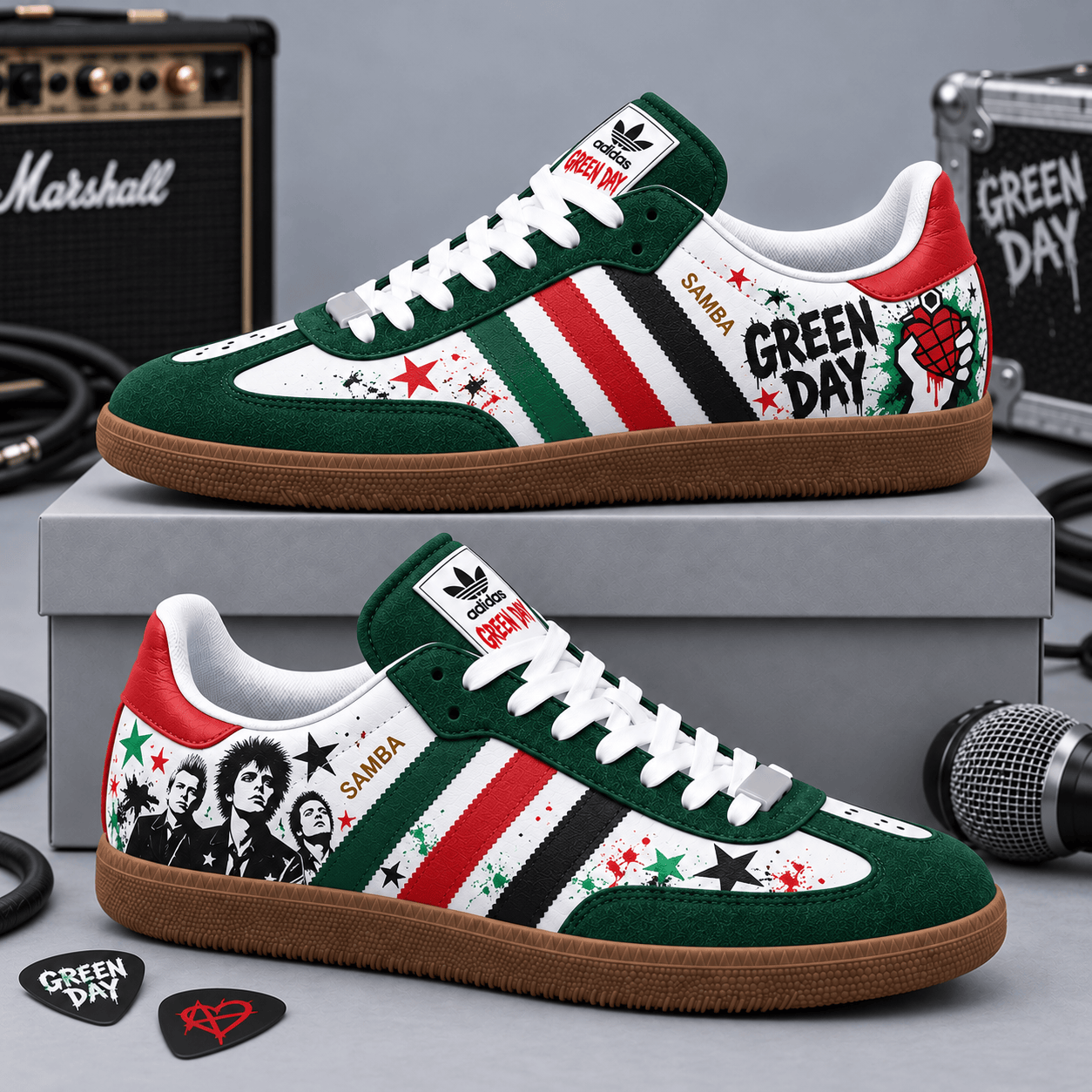 Green Day Green Red Stars And Rebel Silhouettes Adidas Samba OG Graphic Shoes NDN Shoes Product Mockup