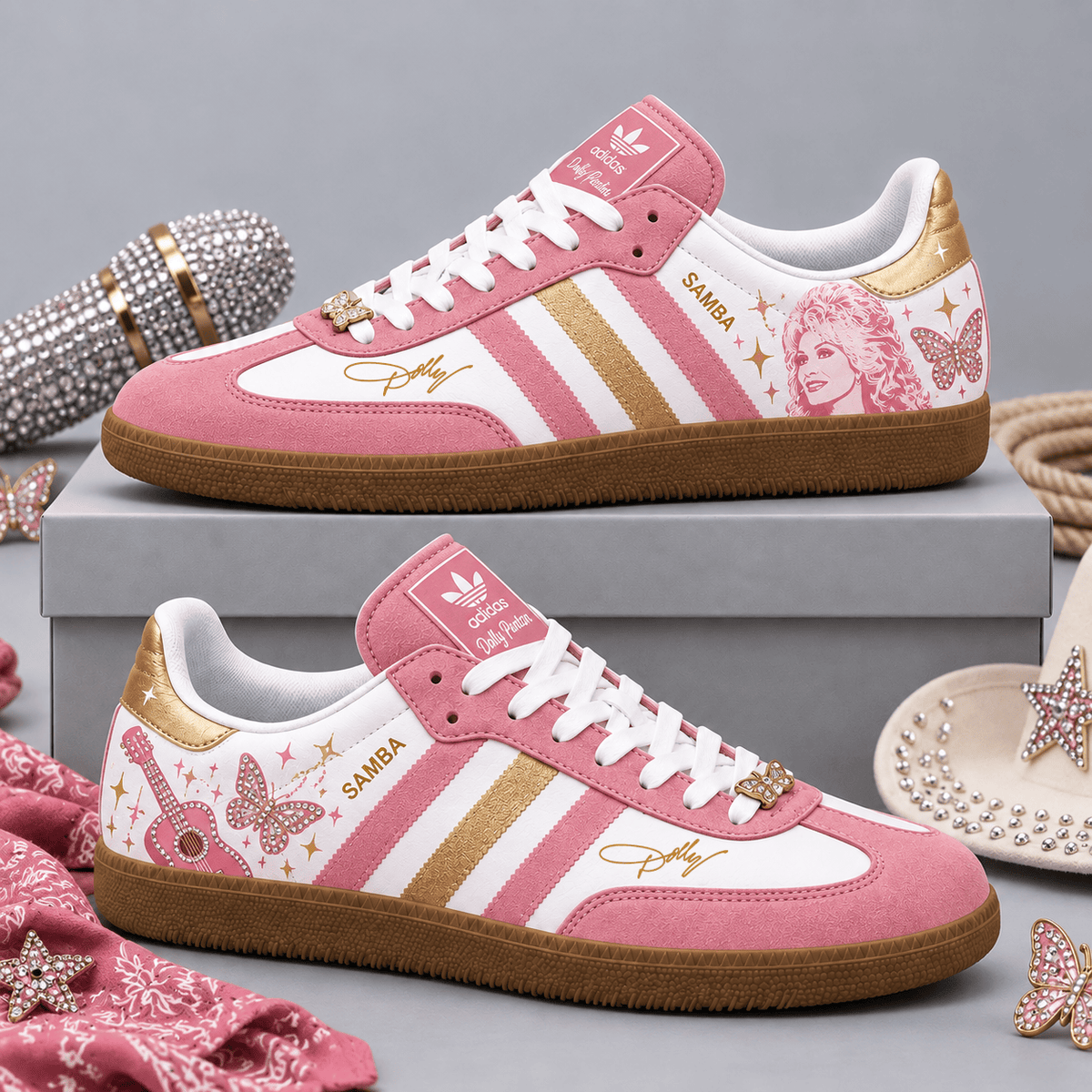 Dolly Parton Pink Gold Portrait Butterfly And Guitar Adidas Samba OG Graphic Shoes NDN Shoes Product Mockup