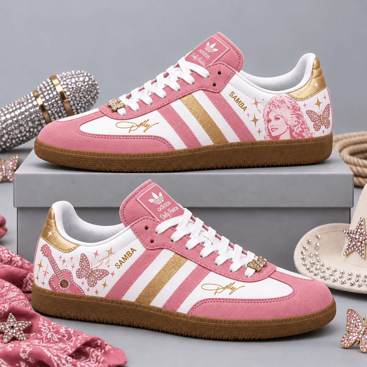 Dolly Parton Pink Gold Portrait Butterfly And Guitar Adidas Samba OG Graphic Shoes NDN Shoes Product Mockup