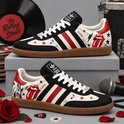 Rolling Stones Black Red Tongue And Scattered Stars Adidas Samba OG Graphic Shoes NDN Shoes Product Mockup