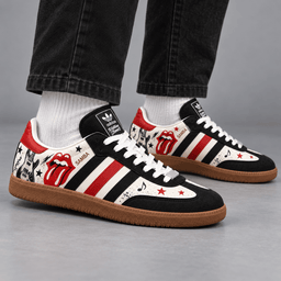 Rolling Stones Black Red Tongue And Scattered Stars Adidas Samba OG Graphic Shoes NDN Shoes Worn Mockup