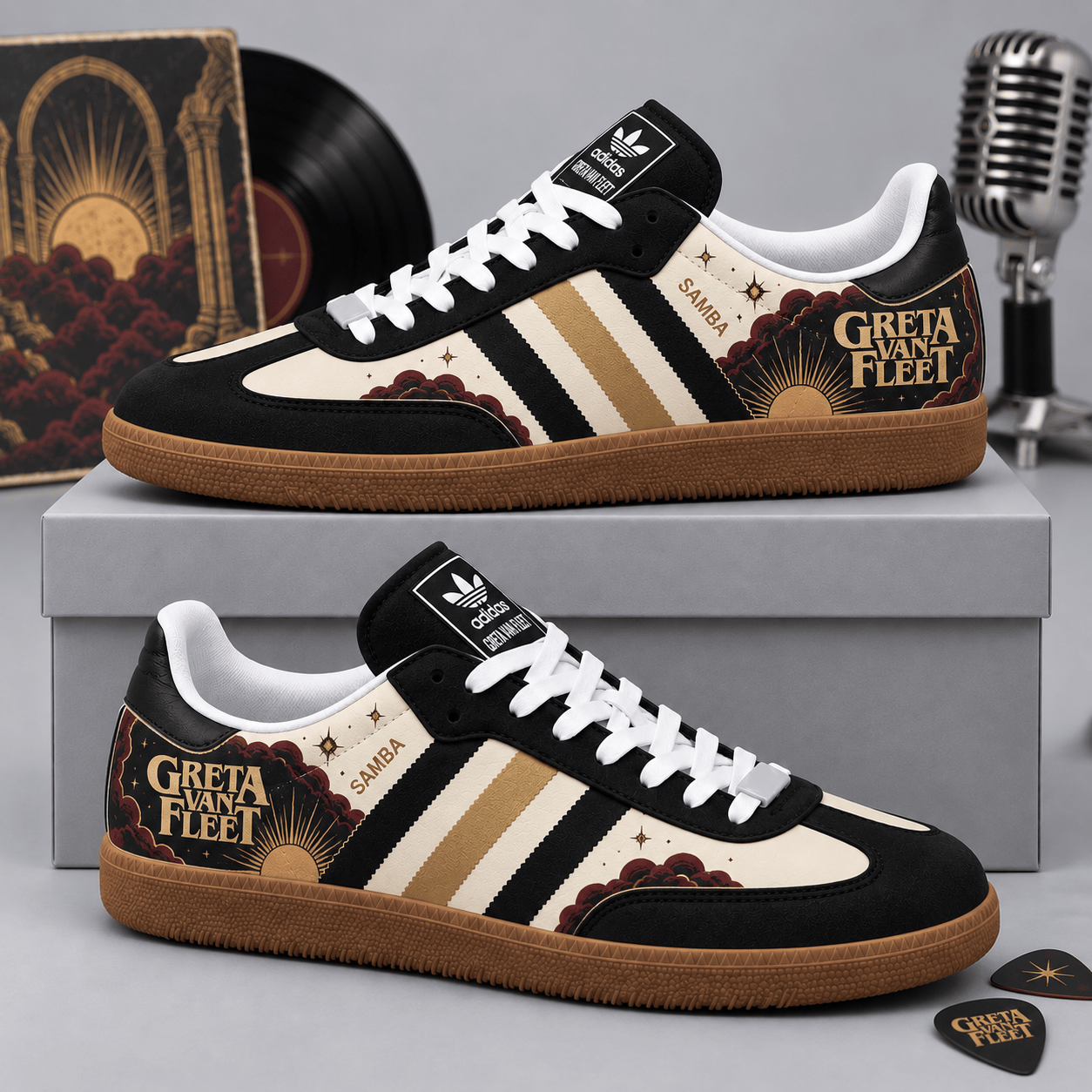 Greta Van Fleet Black Cream Gold Vintage Band Artwork Adidas Samba OG Graphic Shoes NDN Shoes Product Mockup