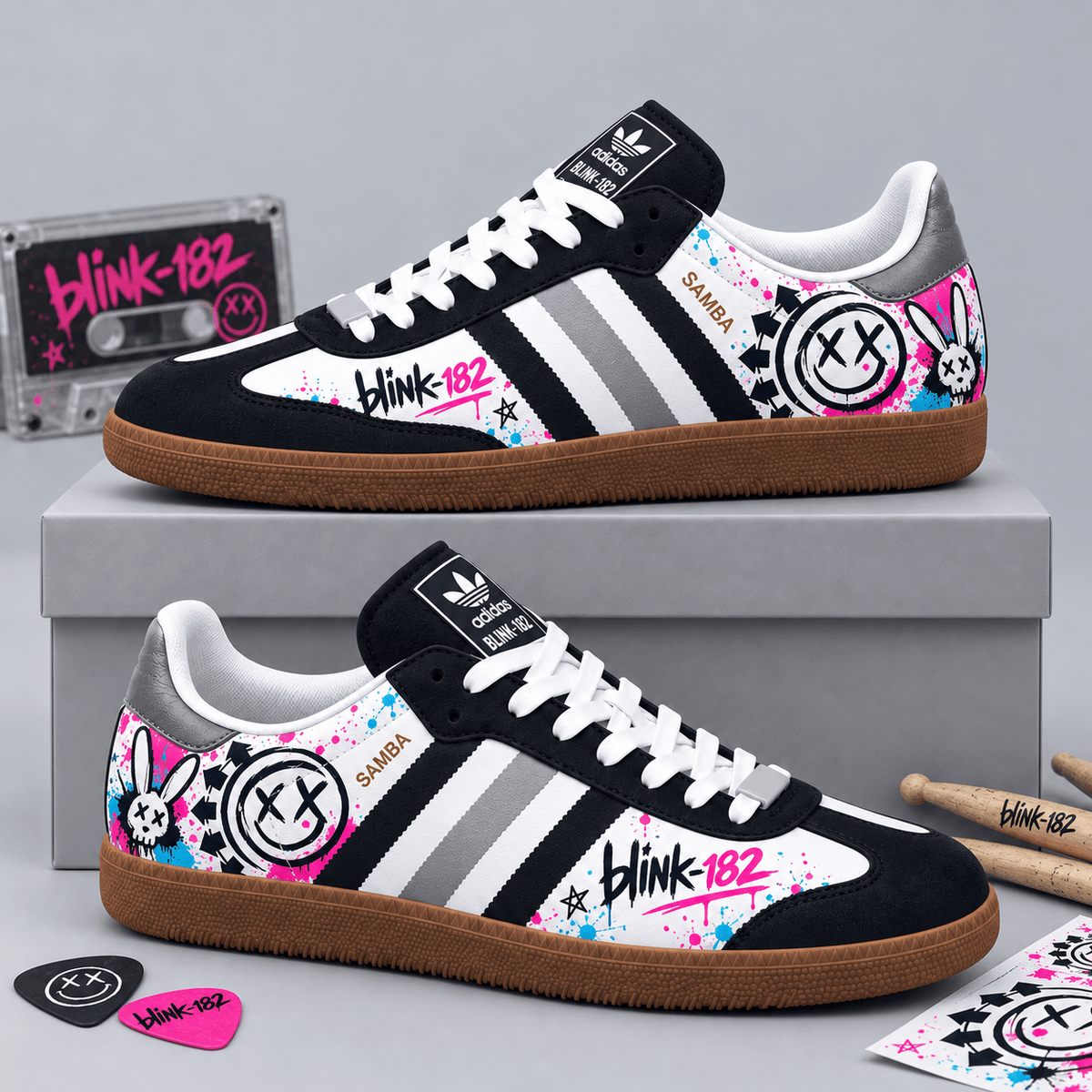 Blink 182 Vibrant Black White Pink Cyan Smiley Icon Adidas Samba OG Graphic Shoes NDN Shoes Product Mockup