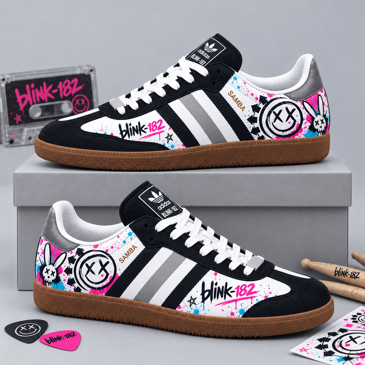 Blink 182 Vibrant Black White Pink Cyan Smiley Icon Adidas Samba OG Graphic Shoes NDN Shoes Product Mockup