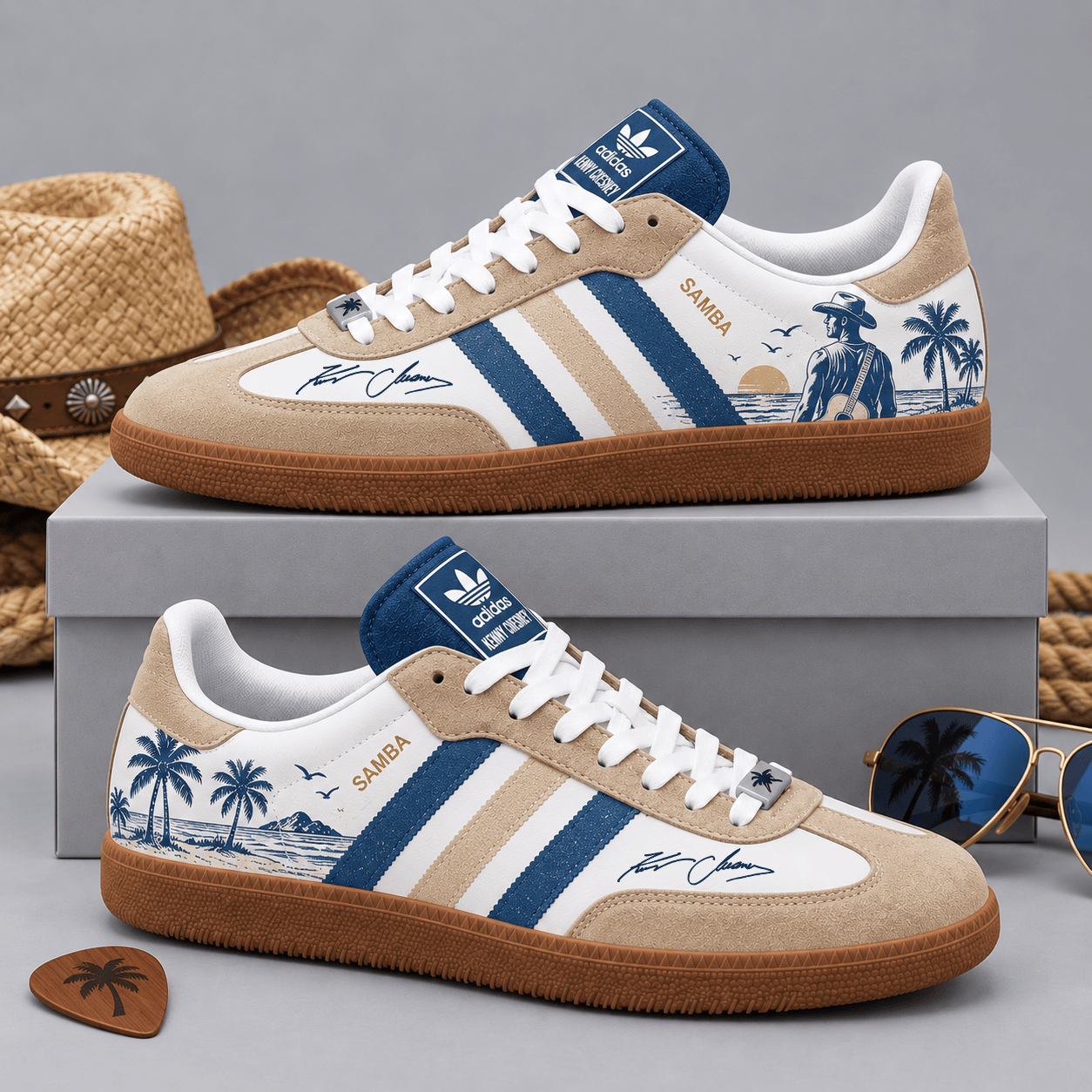 Kenny Chesney Tan Navy Beach Palms Cowboy And Guitar Adidas Samba OG Graphic Shoes NDN Shoes Product Mockup