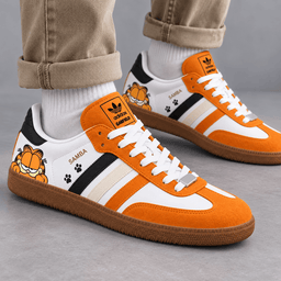 Garfield Orange Face And Playful Paw Prints Adidas Samba OG Cartoon Graphic Shoes NDN Shoes Worn Mockup