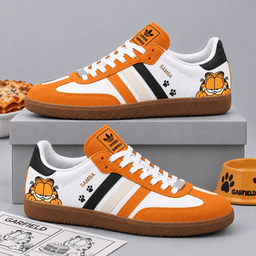 Garfield Orange Face And Playful Paw Prints Adidas Samba OG Cartoon Graphic Shoes NDN Shoes Product Mockup
