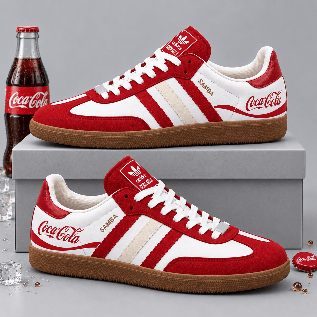 Coca Cola Bright Red Heritage Script And Classic Logo Adidas Samba OG Graphic Shoes NDN Shoes Product Mockup