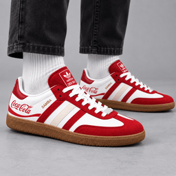 Coca Cola Bright Red Heritage Script And Classic Logo Adidas Samba OG Graphic Shoes NDN Shoes Worn Mockup