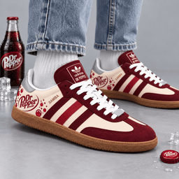 Dr Pepper Vintage Burgundy Cream Soda Bubbles And Logo Adidas Samba OG Graphic Shoes NDN Shoes Worn Mockup