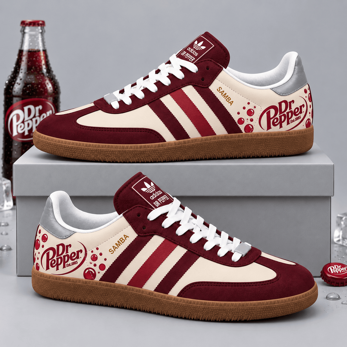 Dr Pepper Vintage Burgundy Cream Soda Bubbles And Logo Adidas Samba OG Graphic Shoes NDN Shoes Product Mockup