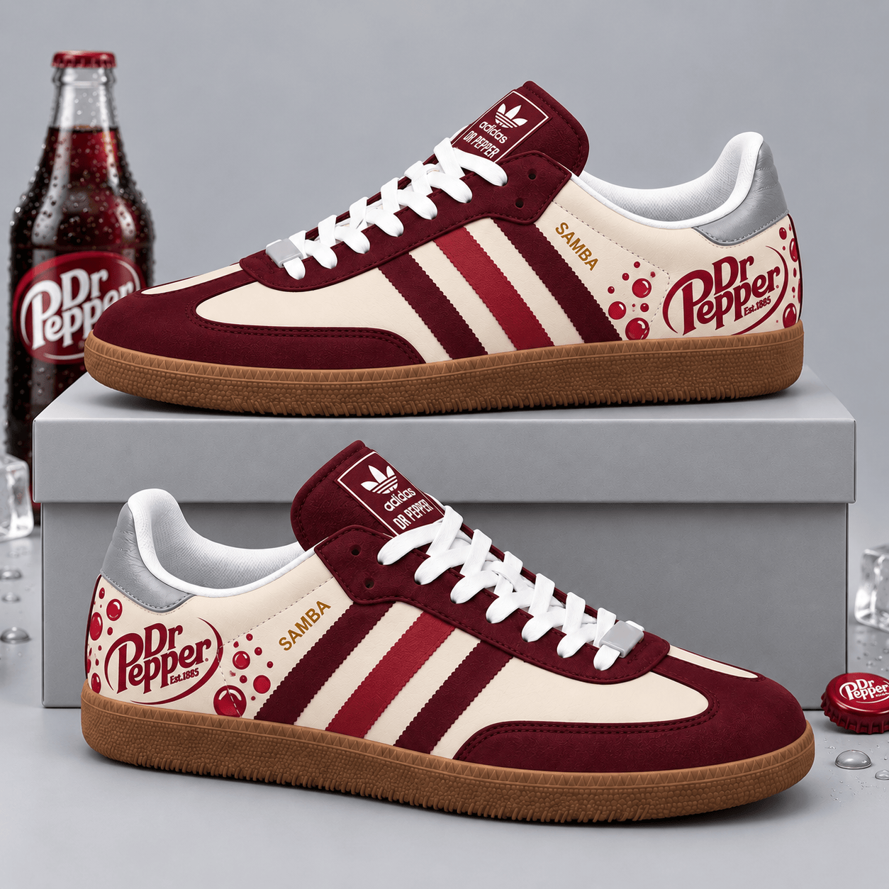 Dr Pepper Vintage Burgundy Cream Soda Bubbles And Logo Adidas Samba OG Graphic Shoes NDN Shoes Product Mockup