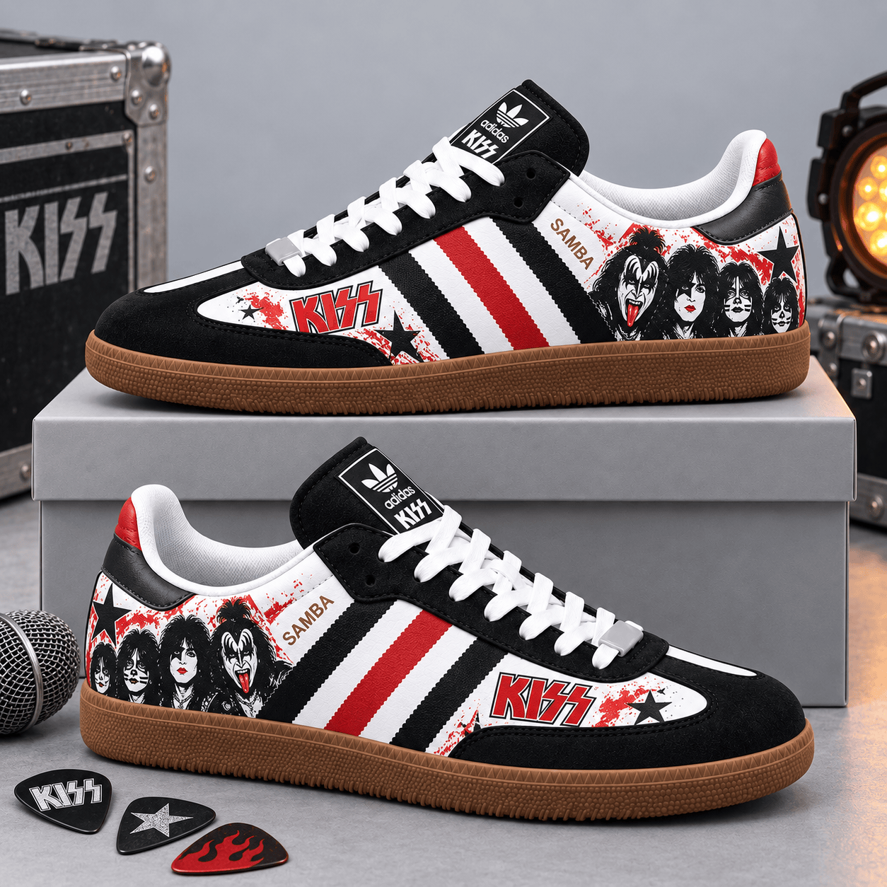 KISS Black White Faces And Fiery Red Band Wordmarks Adidas Samba OG Graphic Shoes NDN Shoes Product Mockup